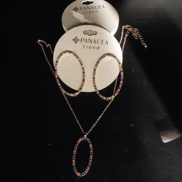 Panacea Disco Homecoming Prom Cocktail  Pave Baubles Oval Earrings & Necklace - Picture 2 of 6